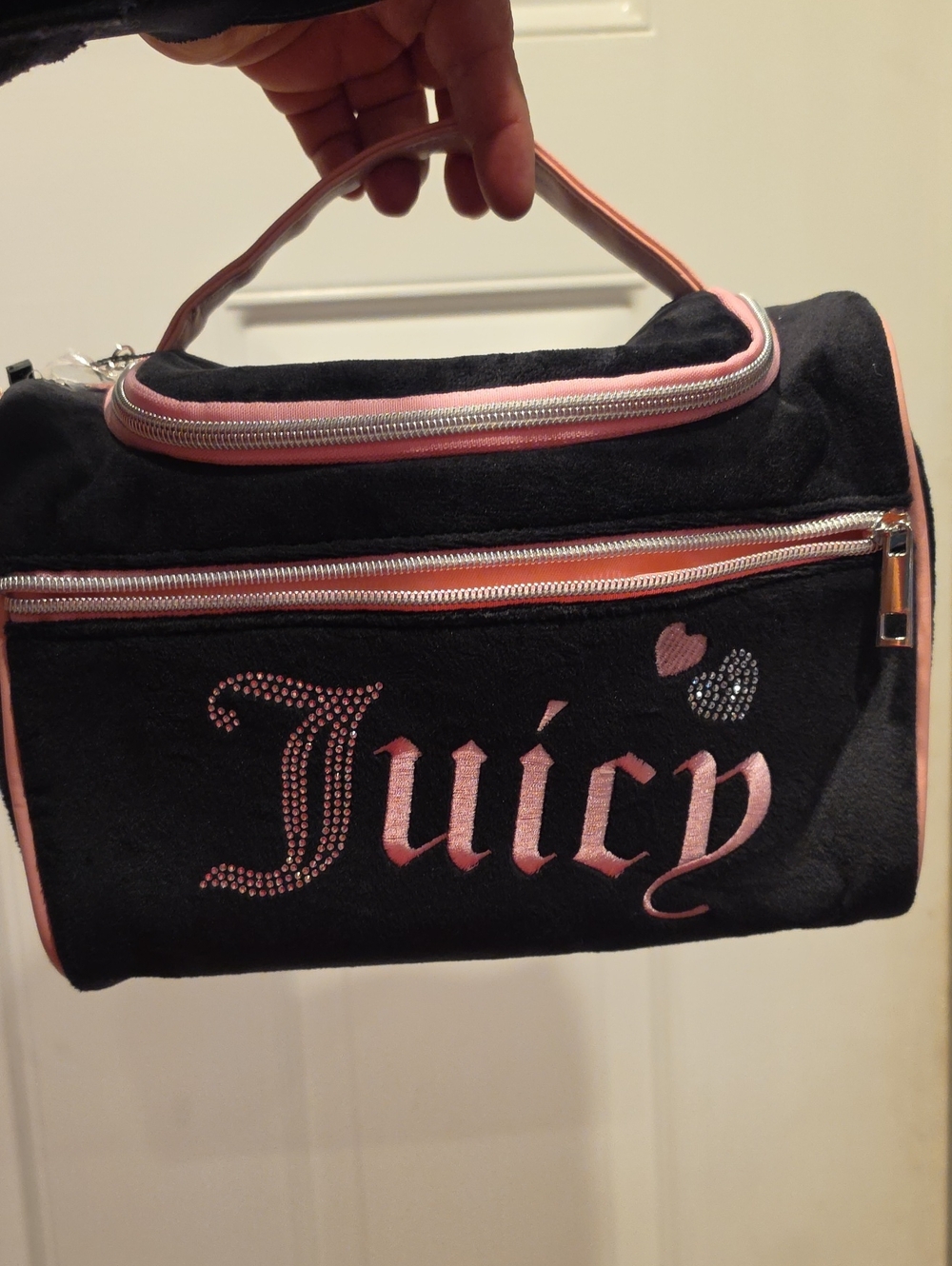Juicy Couture Black Velour Cosmetic Case with Pink Trim and Rhinestones